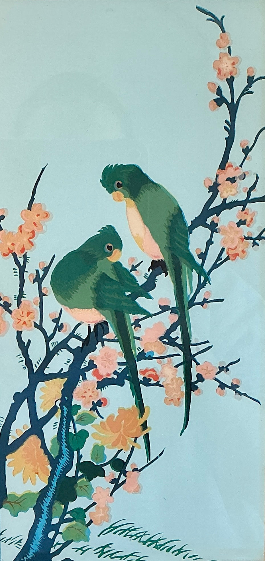 1950s Parrot Pair in Cherry Blossom Tree on Blue Wallpaper Fragment in Green and Gilded Frame