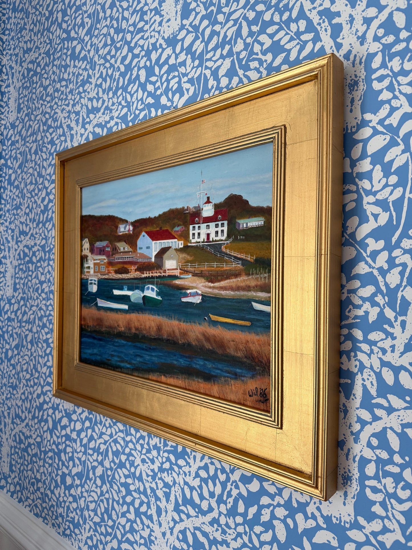 Vintage Martha's Vineyard Menemsha Harbor View Folk Painting in Gold Frame