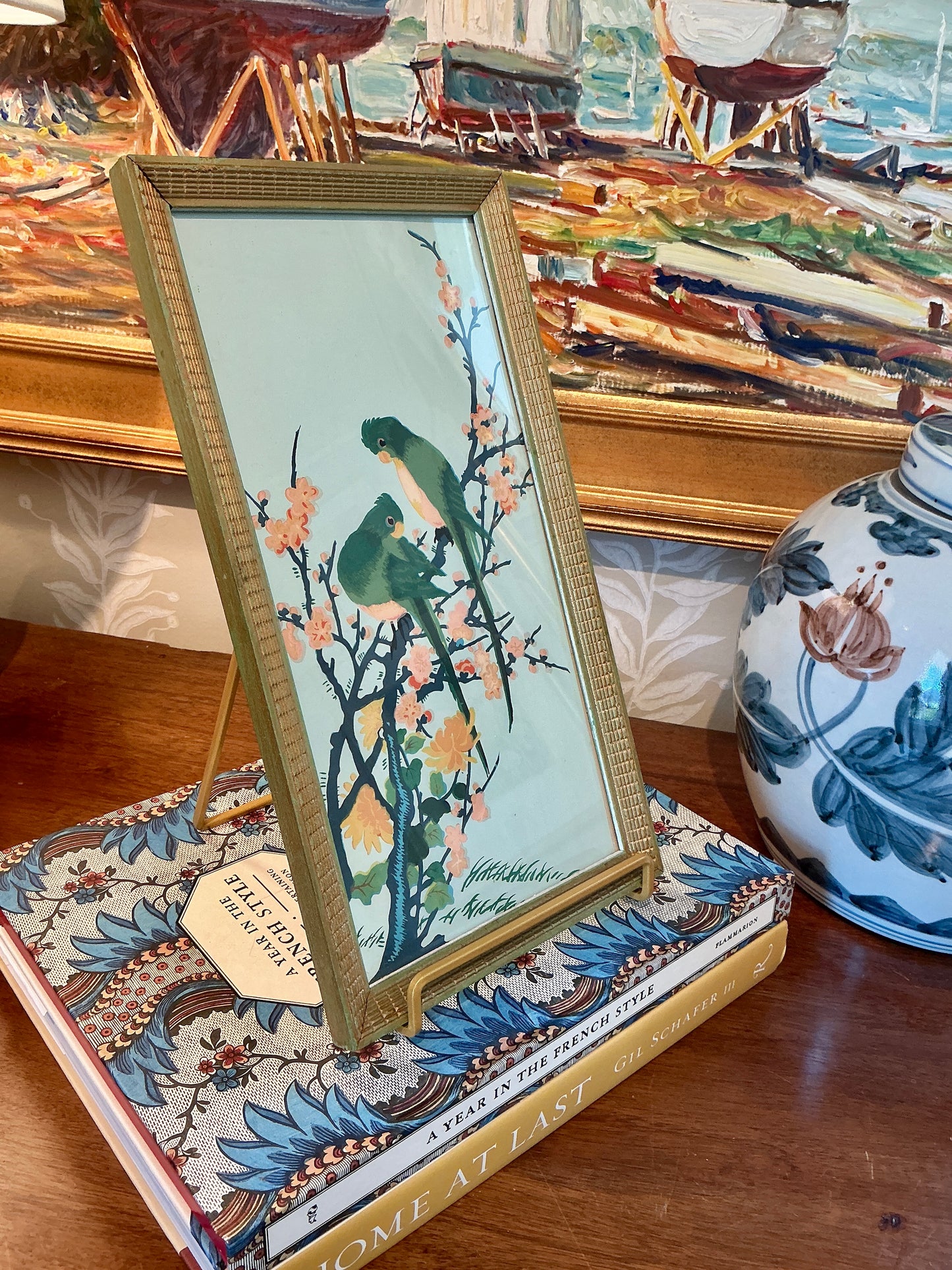 1950s Parrot Pair in Cherry Blossom Tree on Blue Wallpaper Fragment in Green and Gilded Frame