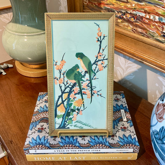 1950s Parrot Pair in Cherry Blossom Tree on Blue Wallpaper Fragment in Green and Gilded Frame