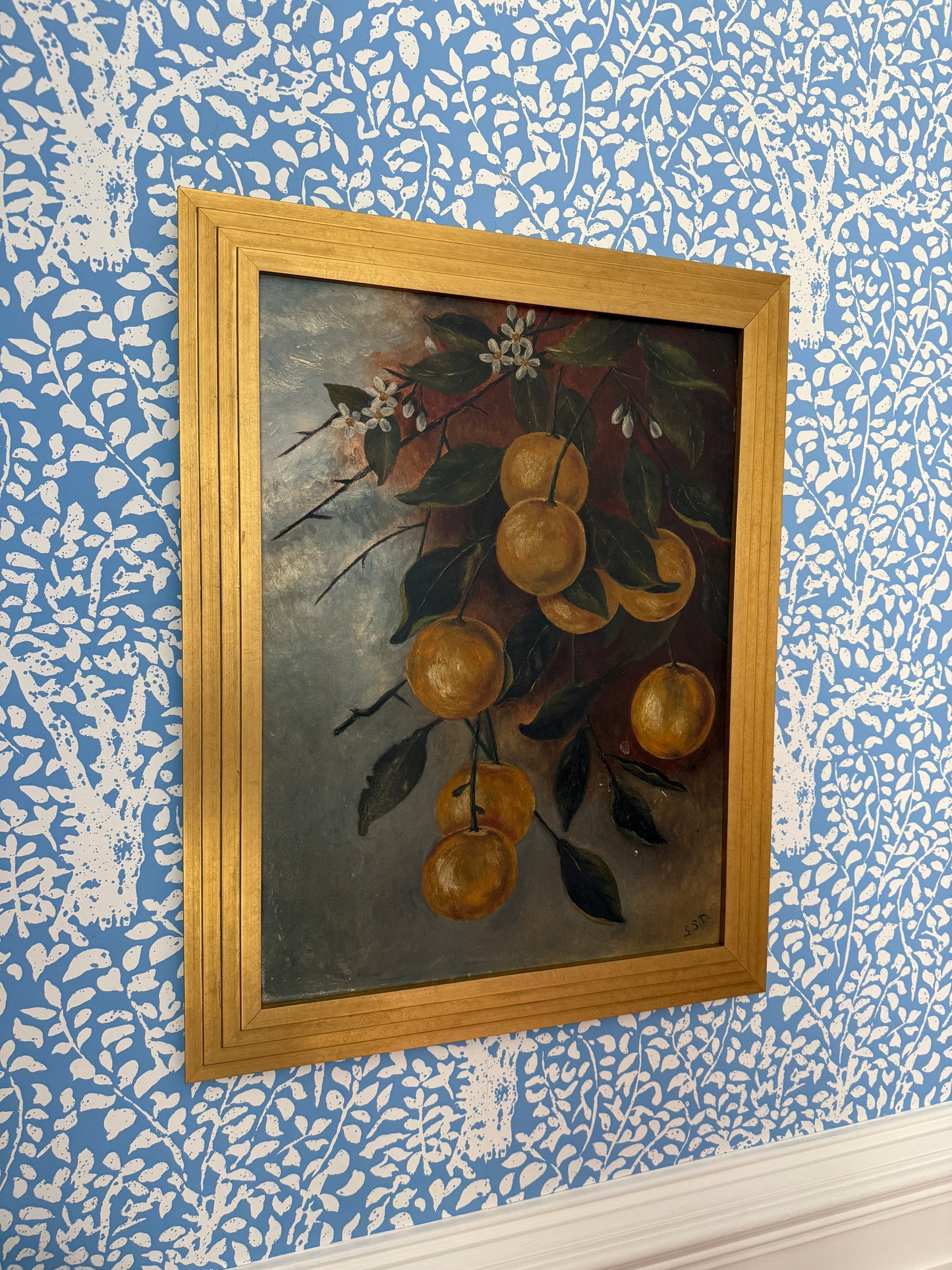 Early 20th Century Citrus Tree Branches Oil Painting in Gold Frame