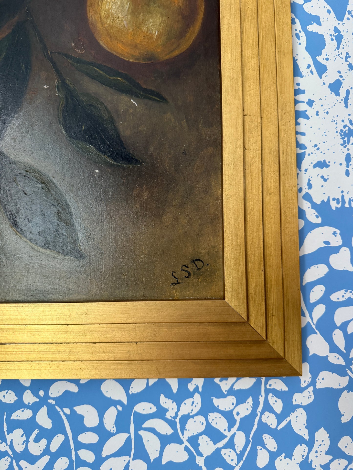 Early 20th Century Citrus Tree Branches Oil Painting in Gold Frame