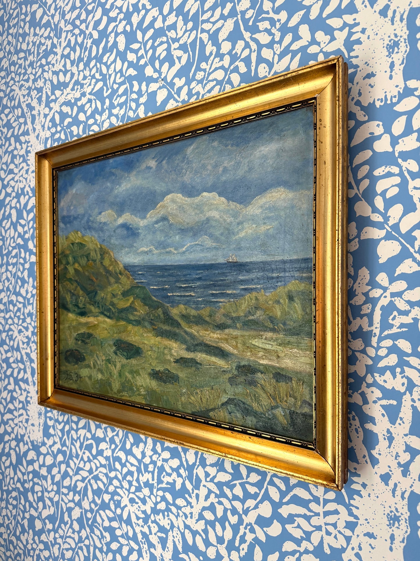 1934 Impressionist Coastal Landscape Seascape Oil Painting with Sailboat in Gold Frame
