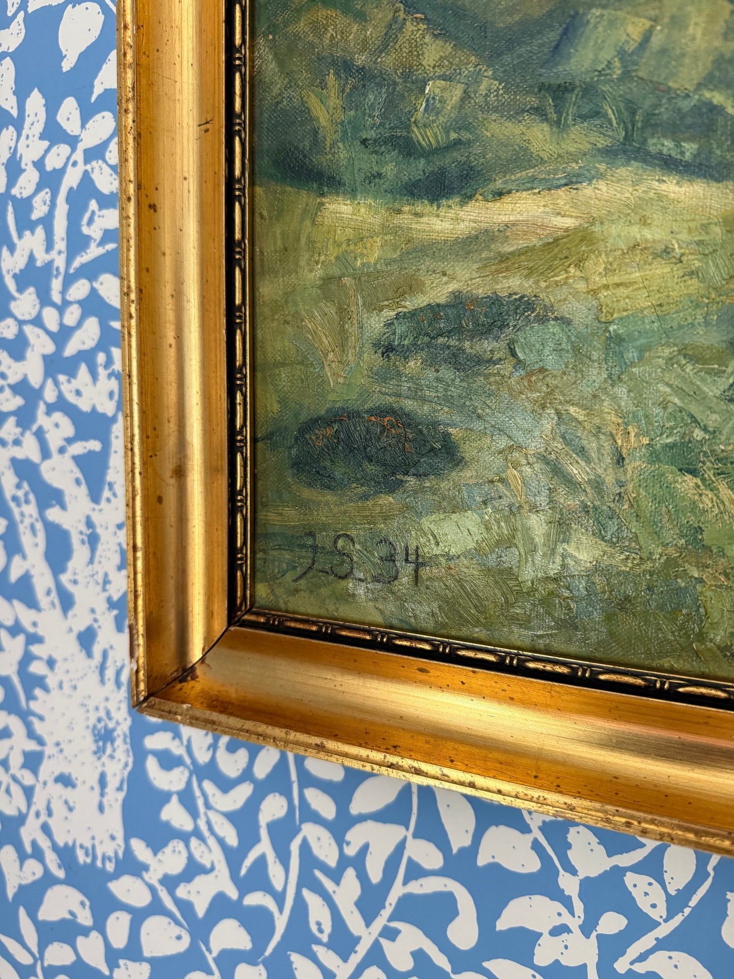 1934 Impressionist Coastal Landscape Seascape Oil Painting with Sailboat in Gold Frame