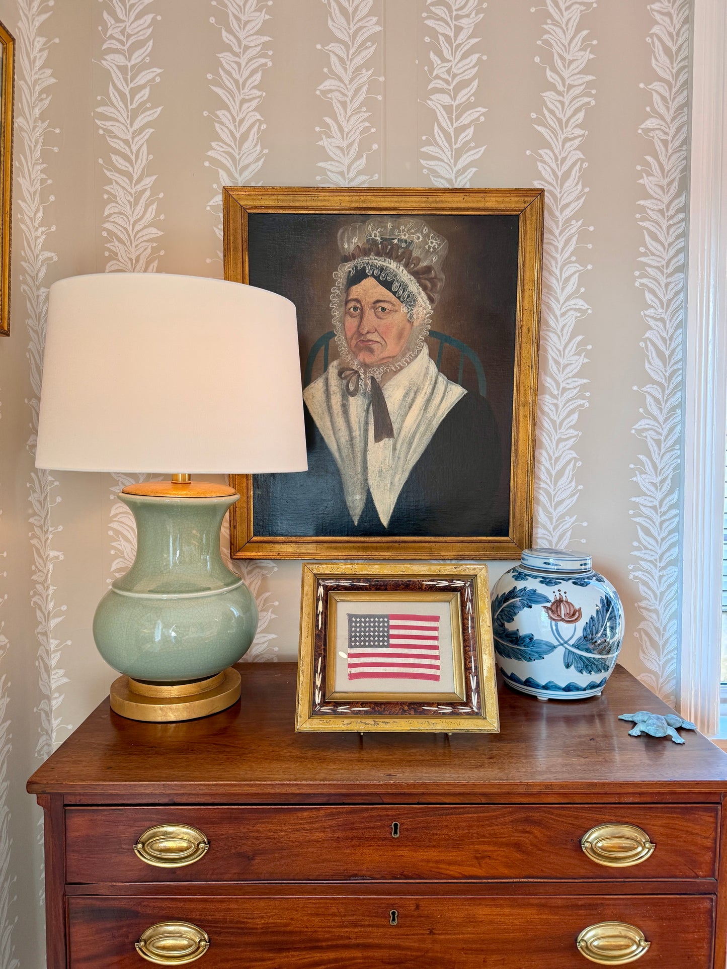 Old 48 Star American Parade Flag on Tan Twill in 19th Century Eastlake Victorian Frame