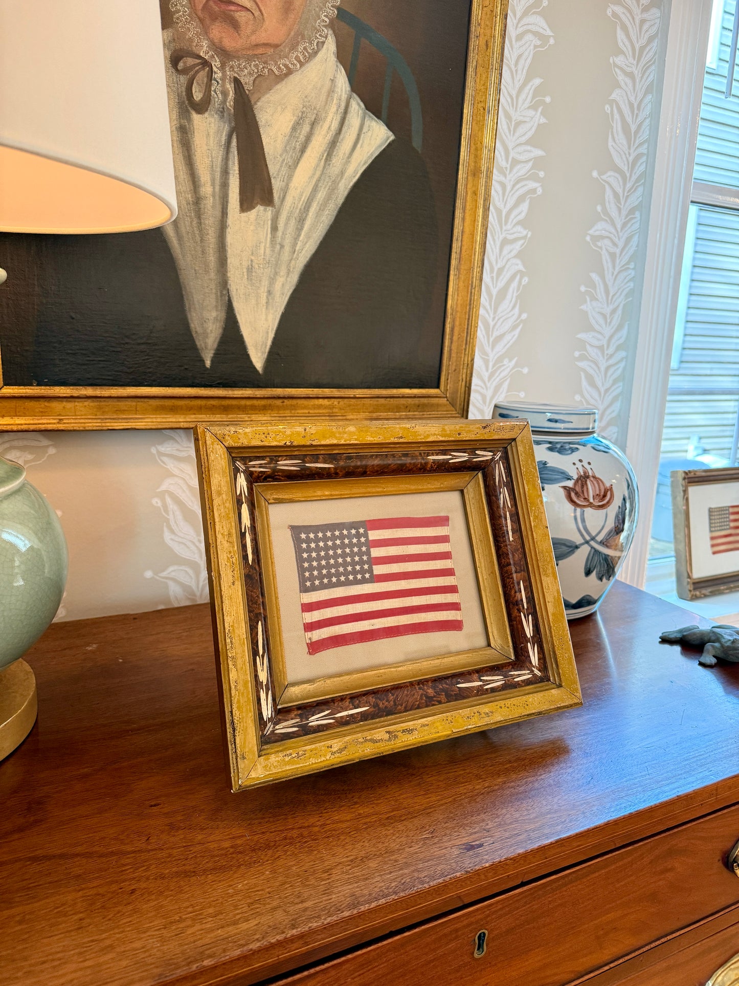 Old 48 Star American Parade Flag on Tan Twill in 19th Century Eastlake Victorian Frame