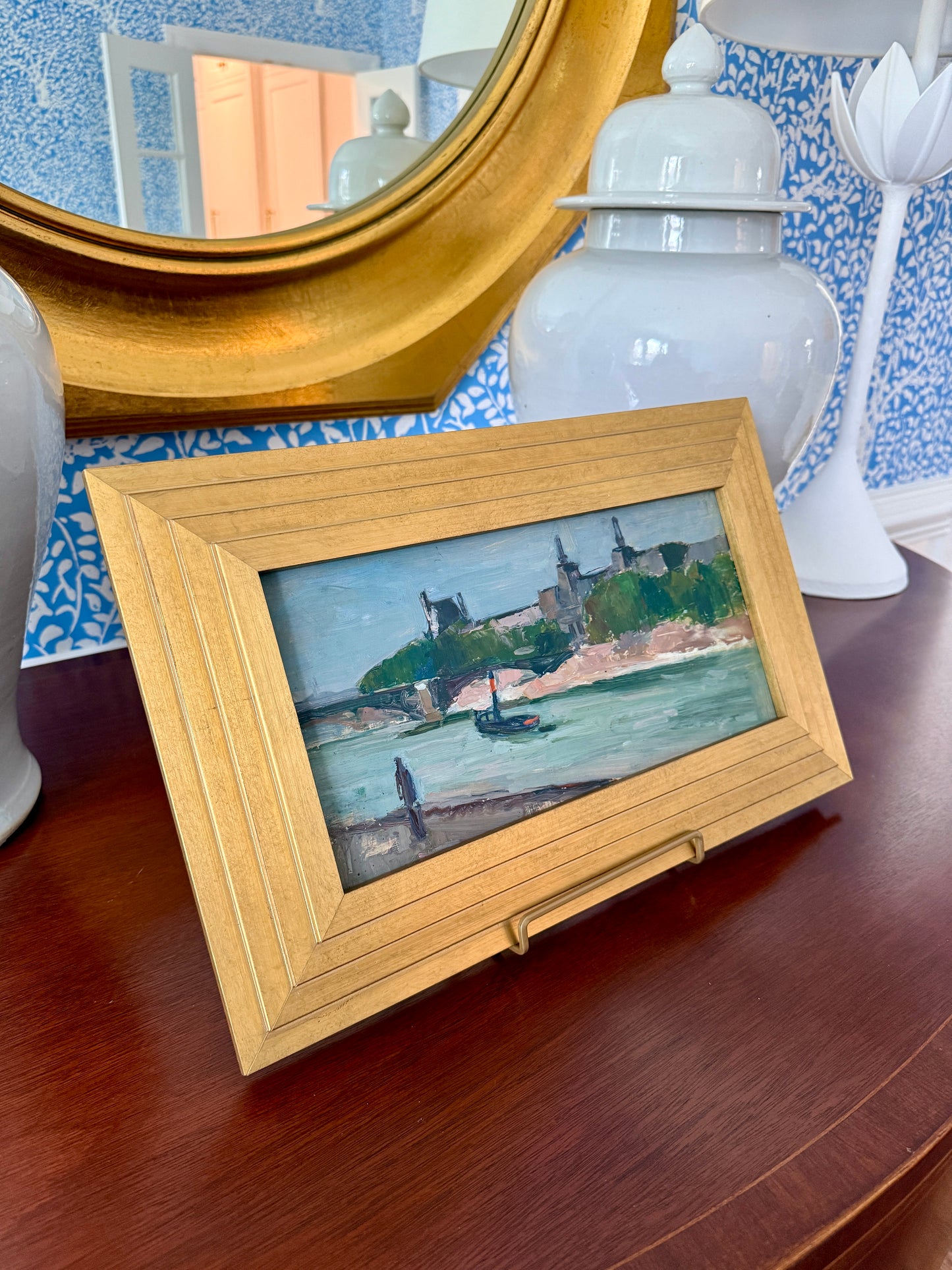 Paul Wescott The Louvre from the Seine River Paris, France Oil Painting in Gold Frame