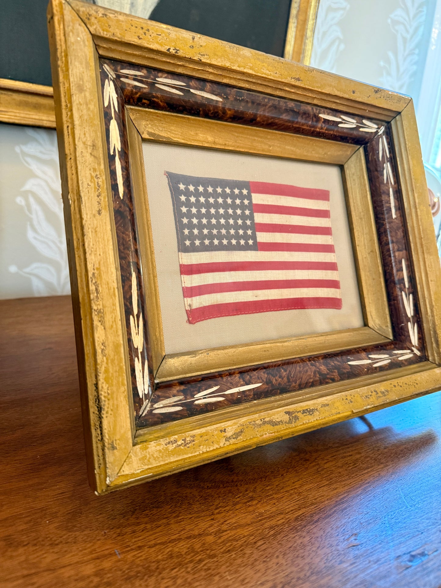 Old 48 Star American Parade Flag on Tan Twill in 19th Century Eastlake Victorian Frame