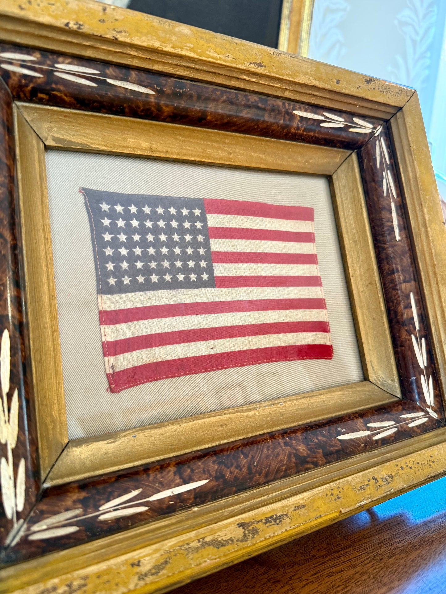 Old 48 Star American Parade Flag on Tan Twill in 19th Century Eastlake Victorian Frame