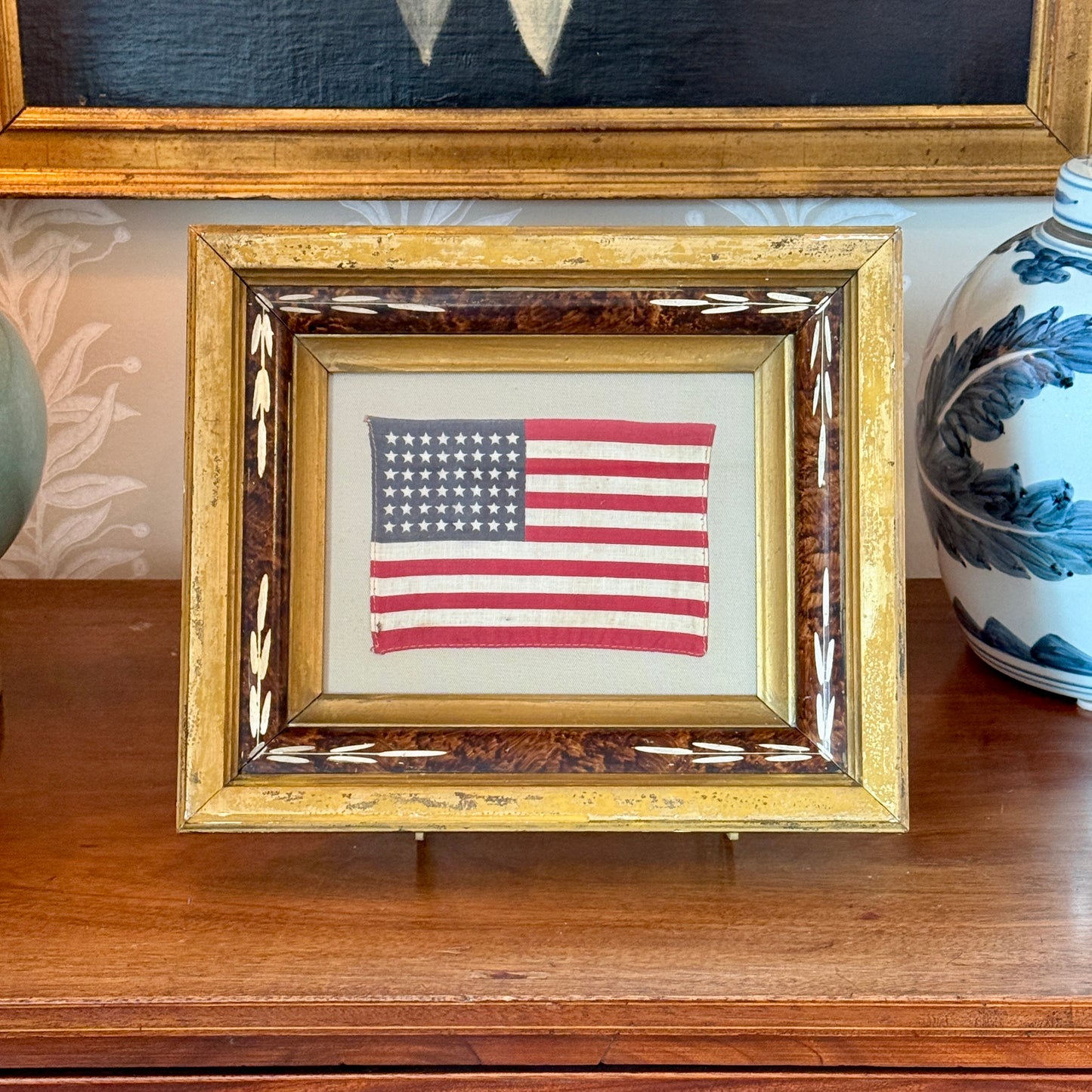 Old 48 Star American Parade Flag on Tan Twill in 19th Century Eastlake Victorian Frame