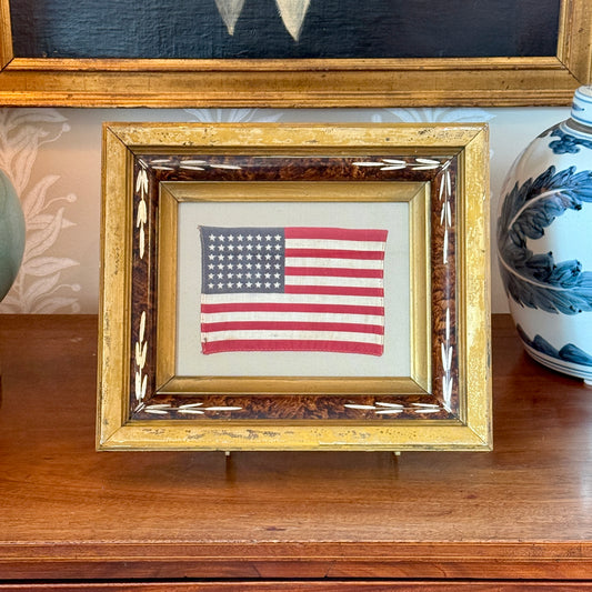 Old 48 Star American Parade Flag on Tan Twill in 19th Century Eastlake Victorian Frame