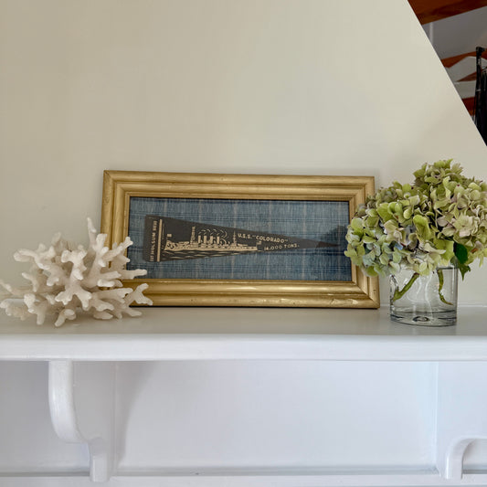 Early 20th Century U.S.S. Colorado Naval Ship Wool Pennant on Blue Plaid in Gold Frame