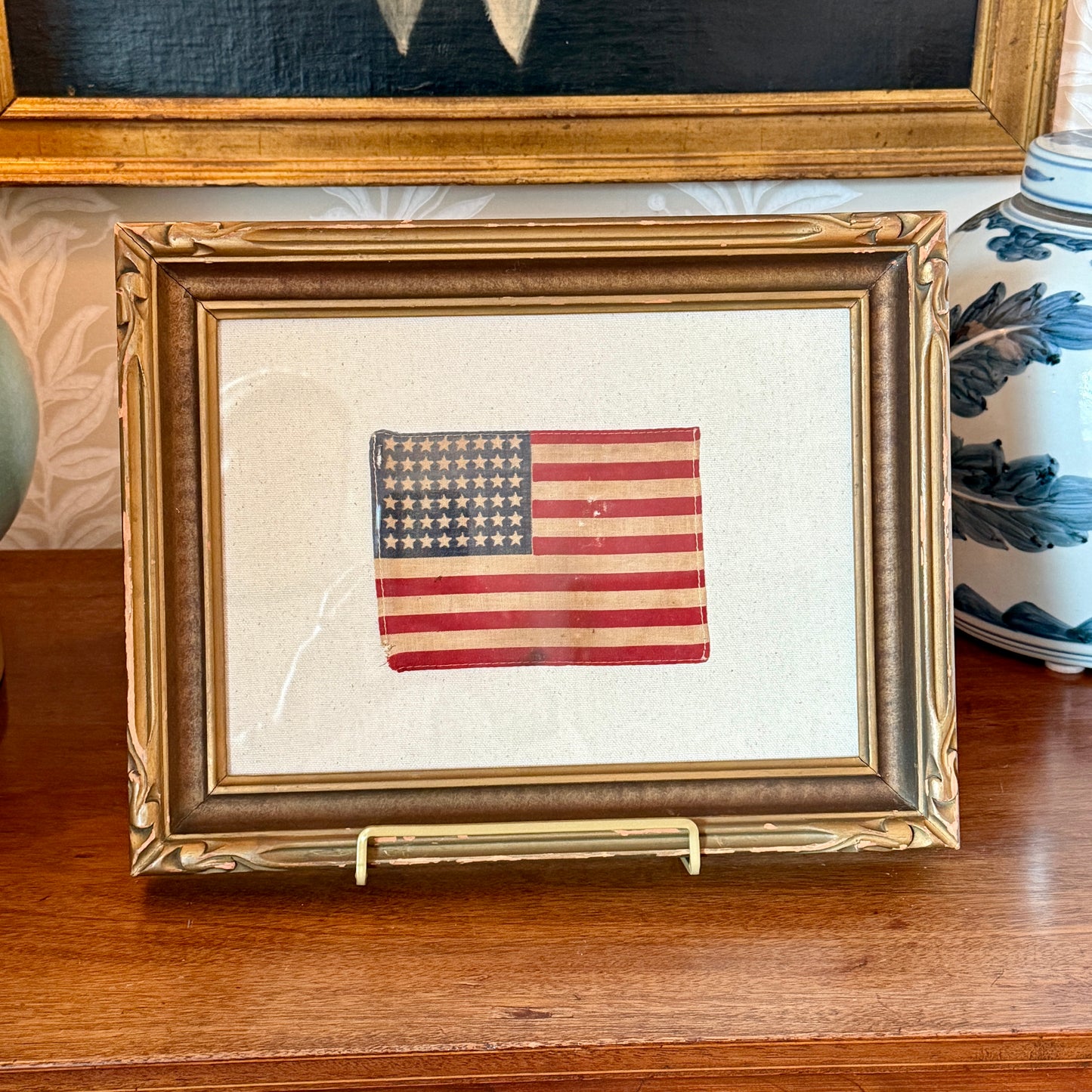 Old 48 Star American Parade Flag on Natural Twill in 19th Century Carved Frame