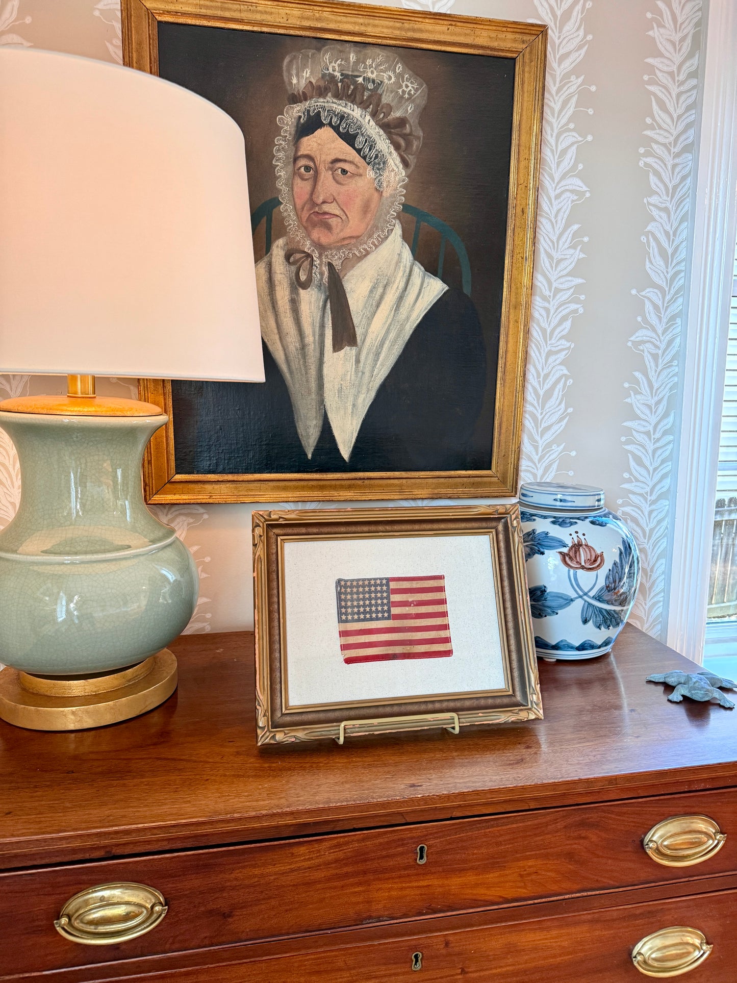 Old 48 Star American Parade Flag on Natural Twill in 19th Century Carved Frame