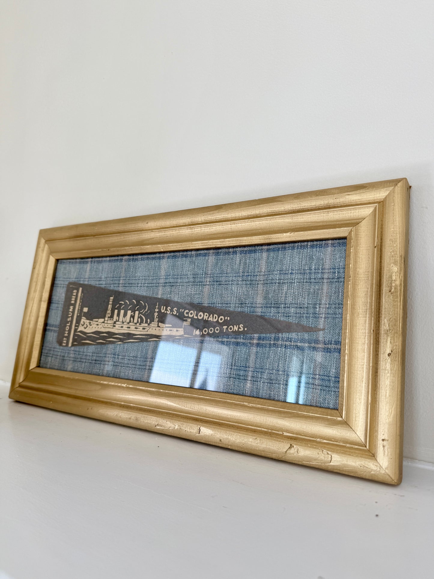 Early 20th Century U.S.S. Colorado Naval Ship Wool Pennant on Blue Plaid in Gold Frame