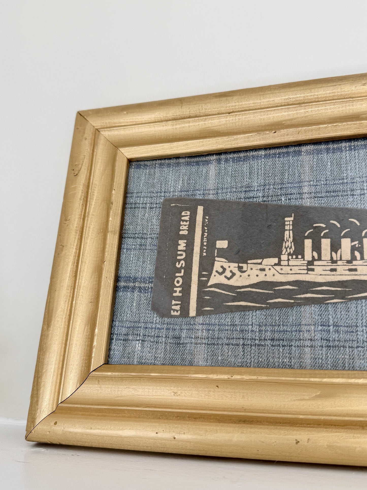 Early 20th Century U.S.S. Colorado Naval Ship Wool Pennant on Blue Plaid in Gold Frame