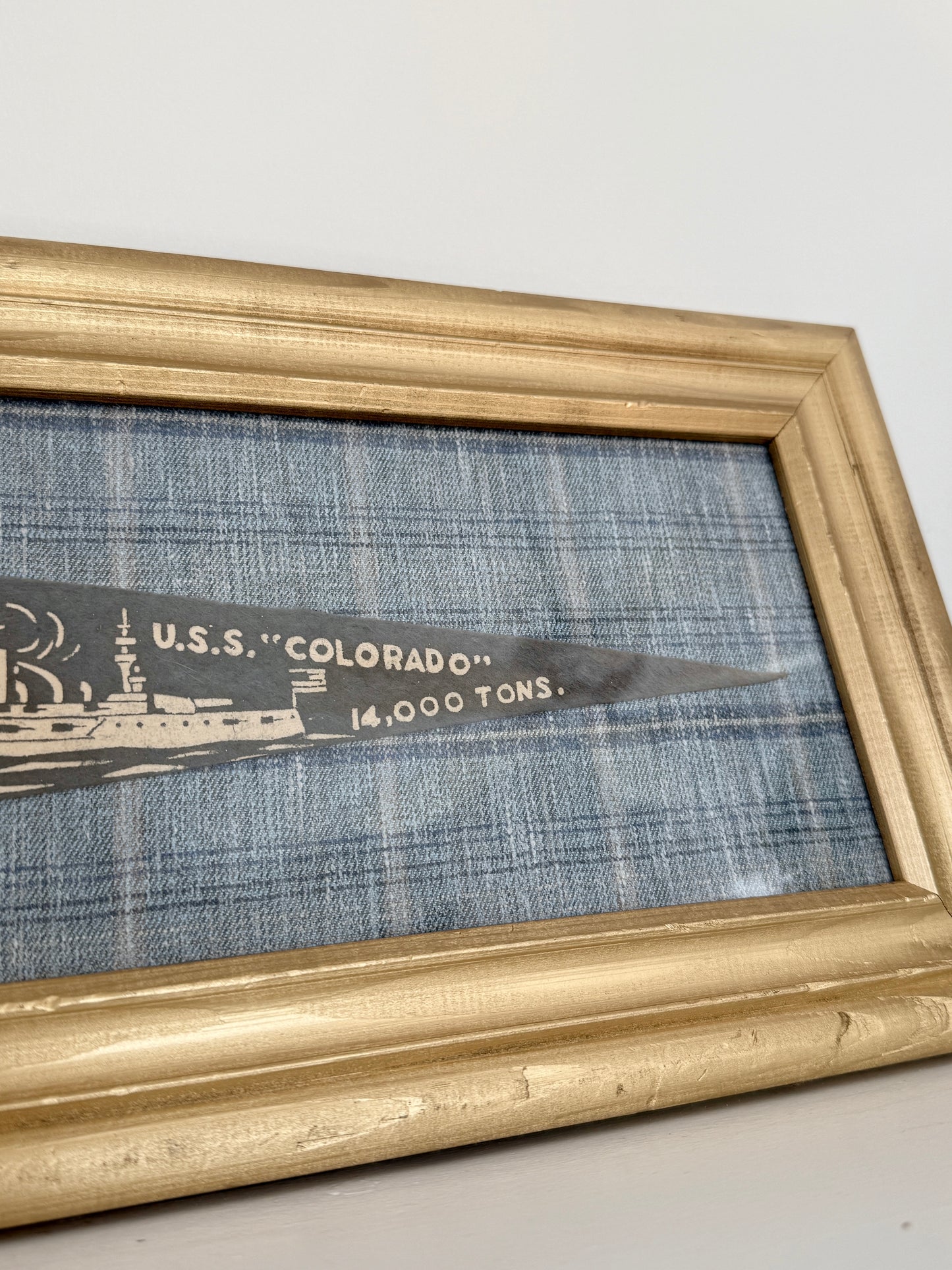 Early 20th Century U.S.S. Colorado Naval Ship Wool Pennant on Blue Plaid in Gold Frame