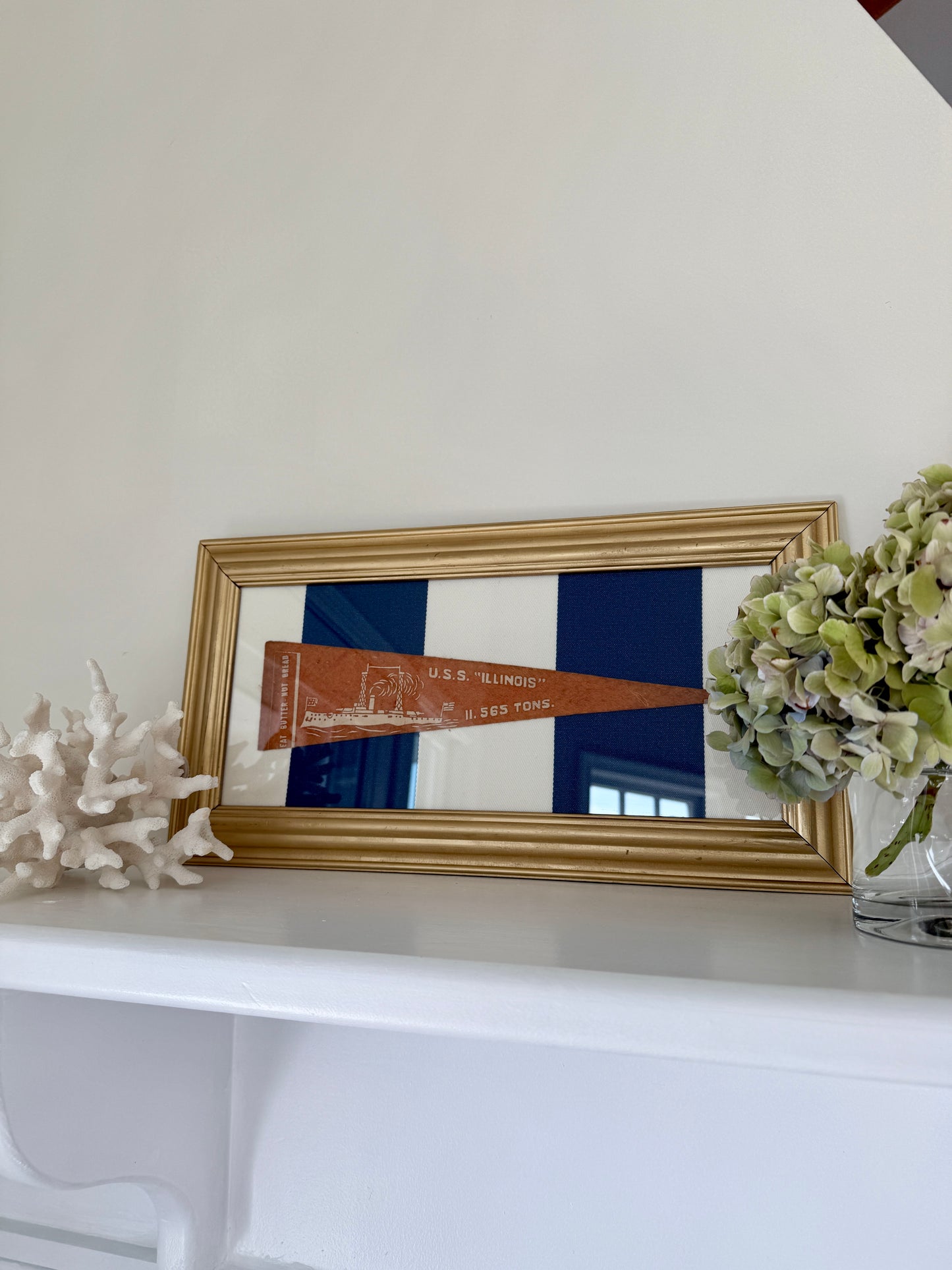 Early 20th Century U.S.S. Illinois Naval Ship Wool Pennant on Blue Awning Stripes in Gold Frame