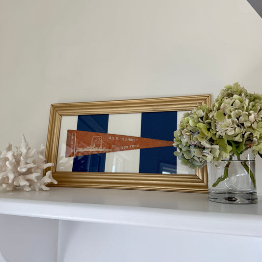 Early 20th Century U.S.S. Illinois Naval Ship Wool Pennant on Blue Awning Stripes in Gold Frame