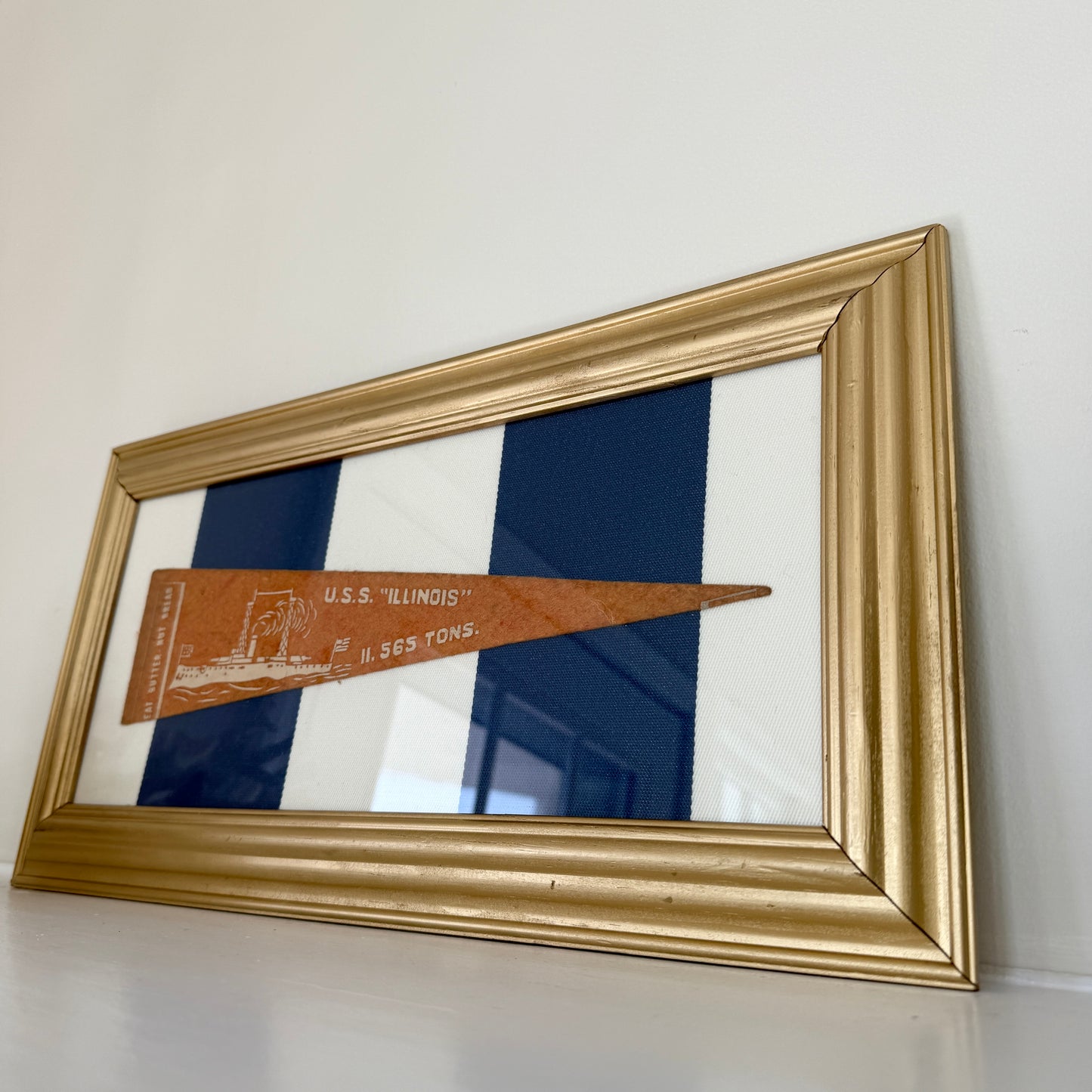 Early 20th Century U.S.S. Illinois Naval Ship Wool Pennant on Blue Awning Stripes in Gold Frame