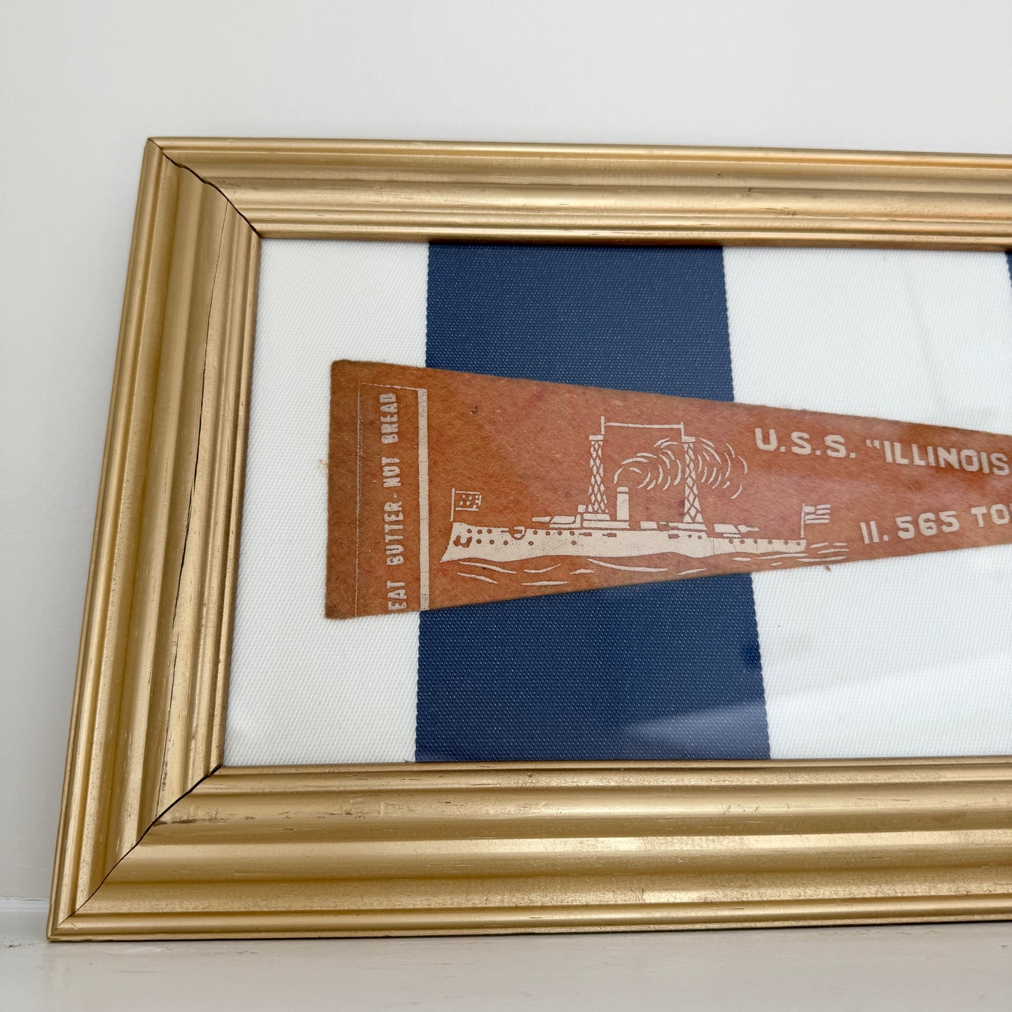 Early 20th Century U.S.S. Illinois Naval Ship Wool Pennant on Blue Awning Stripes in Gold Frame