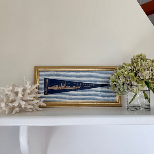 Early 20th Century U.S.S. Florida Naval Ship Wool Pennant on Blue Wavy Stripes in Gold Frame
