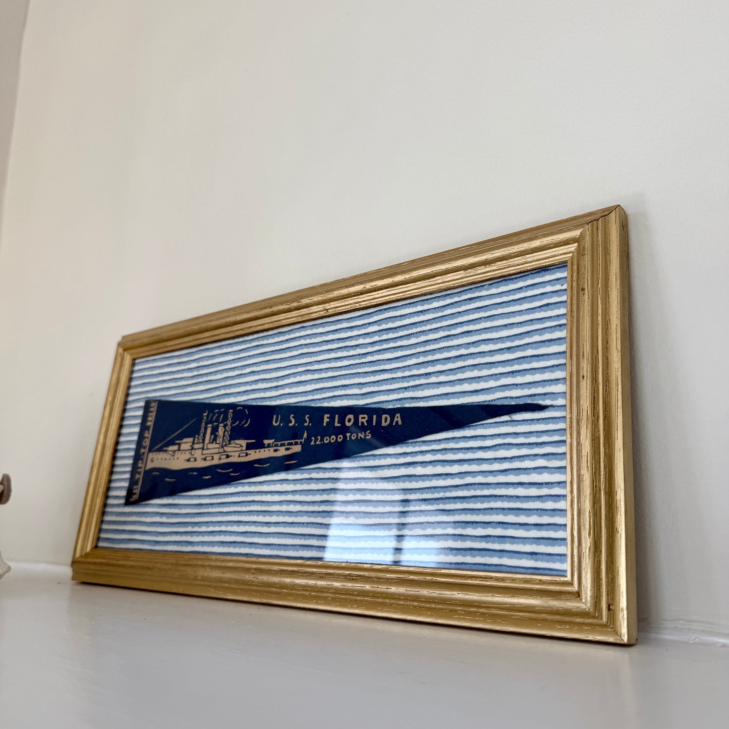 Early 20th Century U.S.S. Florida Naval Ship Wool Pennant on Blue Wavy Stripes in Gold Frame