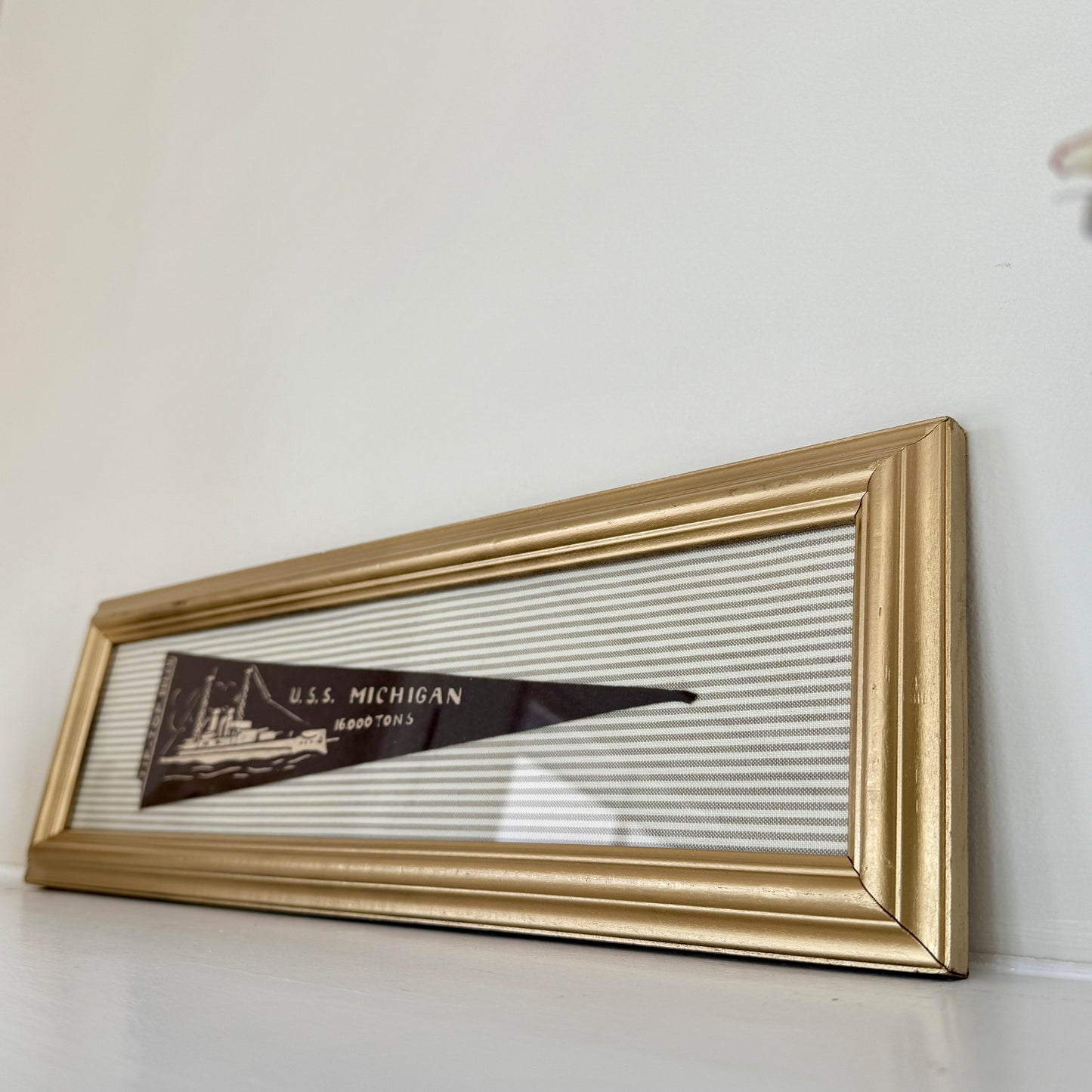 Early 20th Century U.S.S. Michigan Naval Ship Wool Pennant on Brown Ticking Stripe in Gold Frame