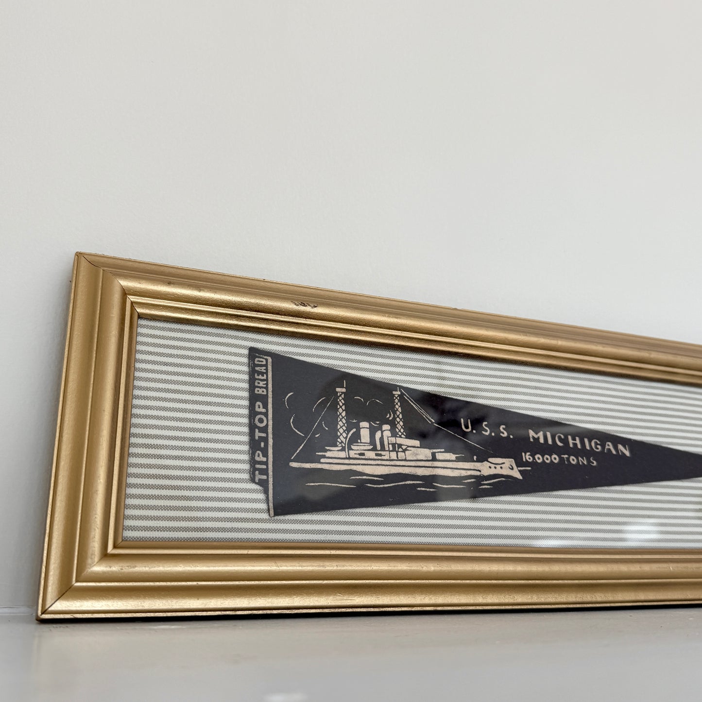 Early 20th Century U.S.S. Michigan Naval Ship Wool Pennant on Brown Ticking Stripe in Gold Frame