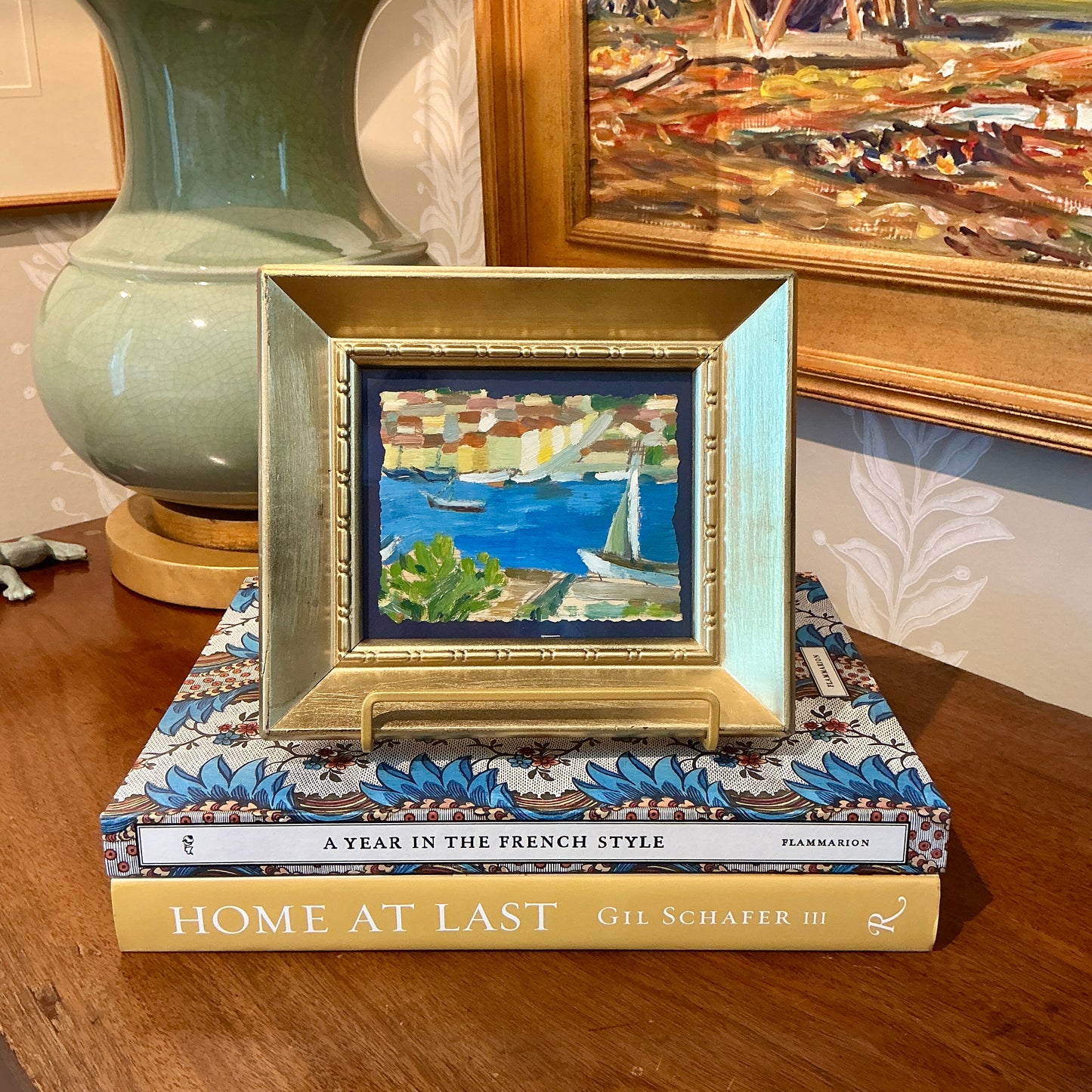 Victoria Donohue Sailboats in Seascape Oil Painting on Navy in Gold Frame