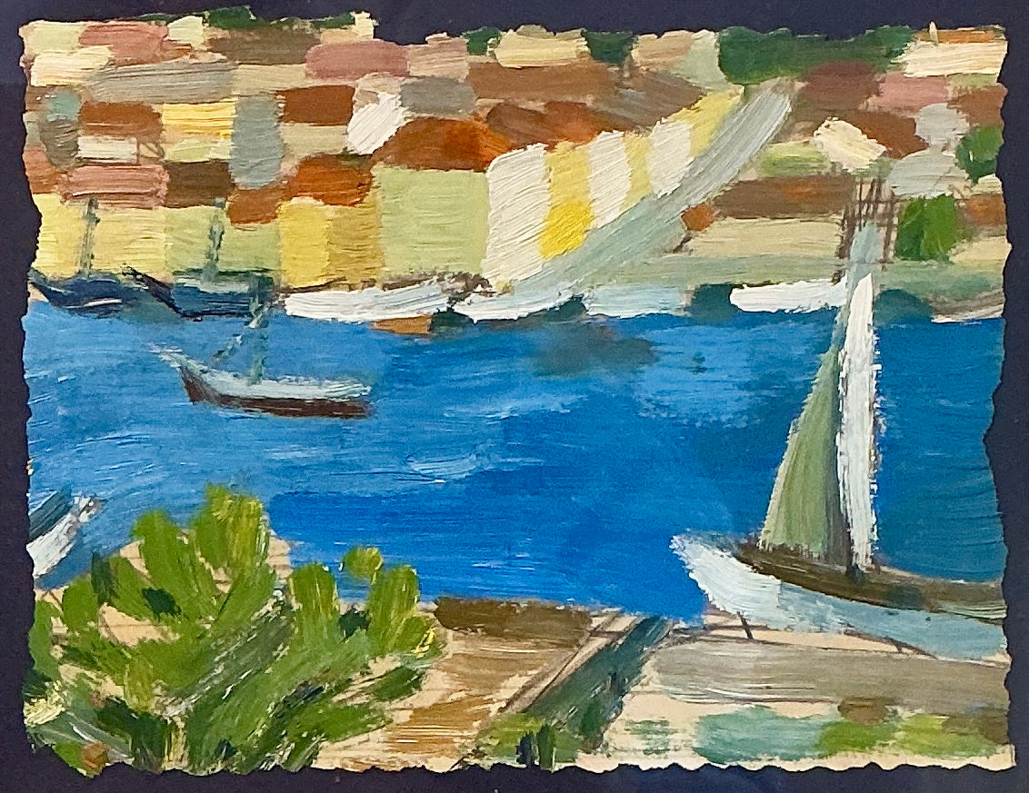 Victoria Donohue Sailboats in Seascape Oil Painting on Navy in Gold Frame