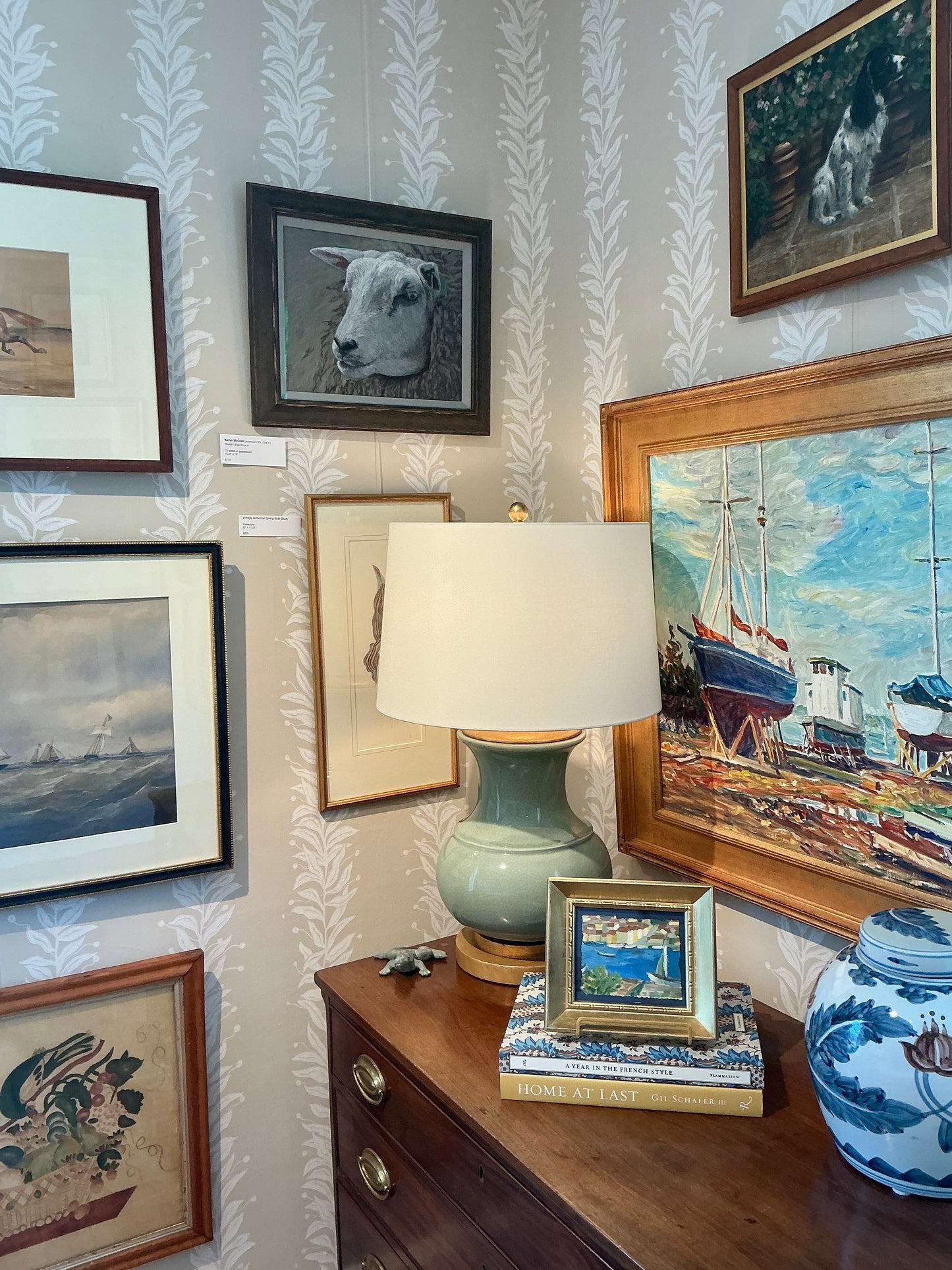 Victoria Donohue Sailboats in Seascape Oil Painting on Navy in Gold Frame