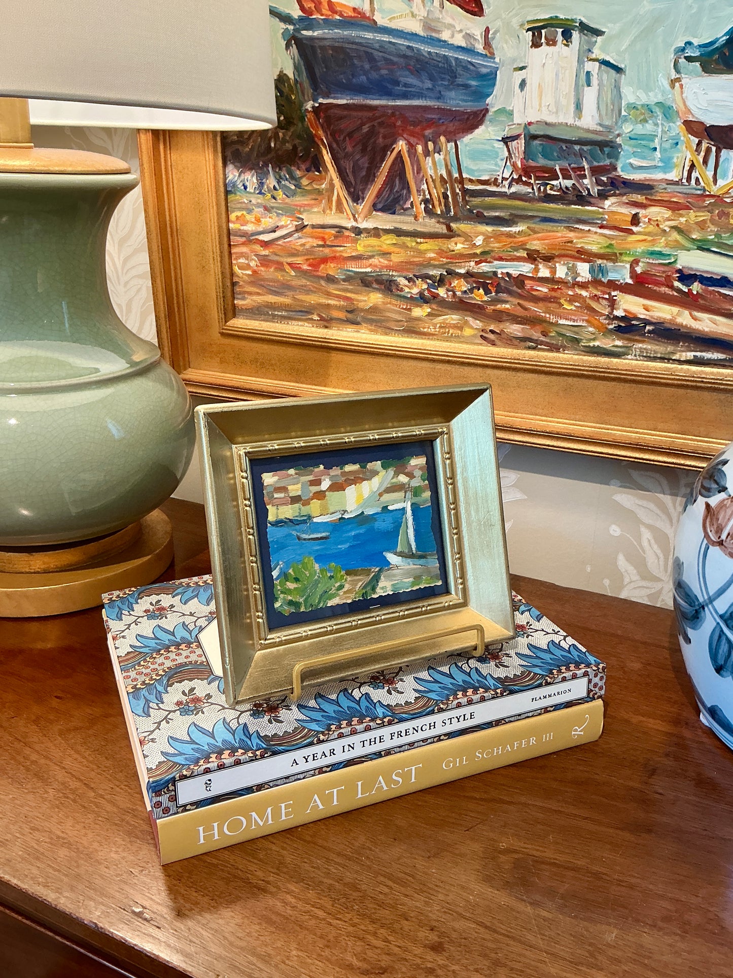 Victoria Donohue Sailboats in Seascape Oil Painting on Navy in Gold Frame