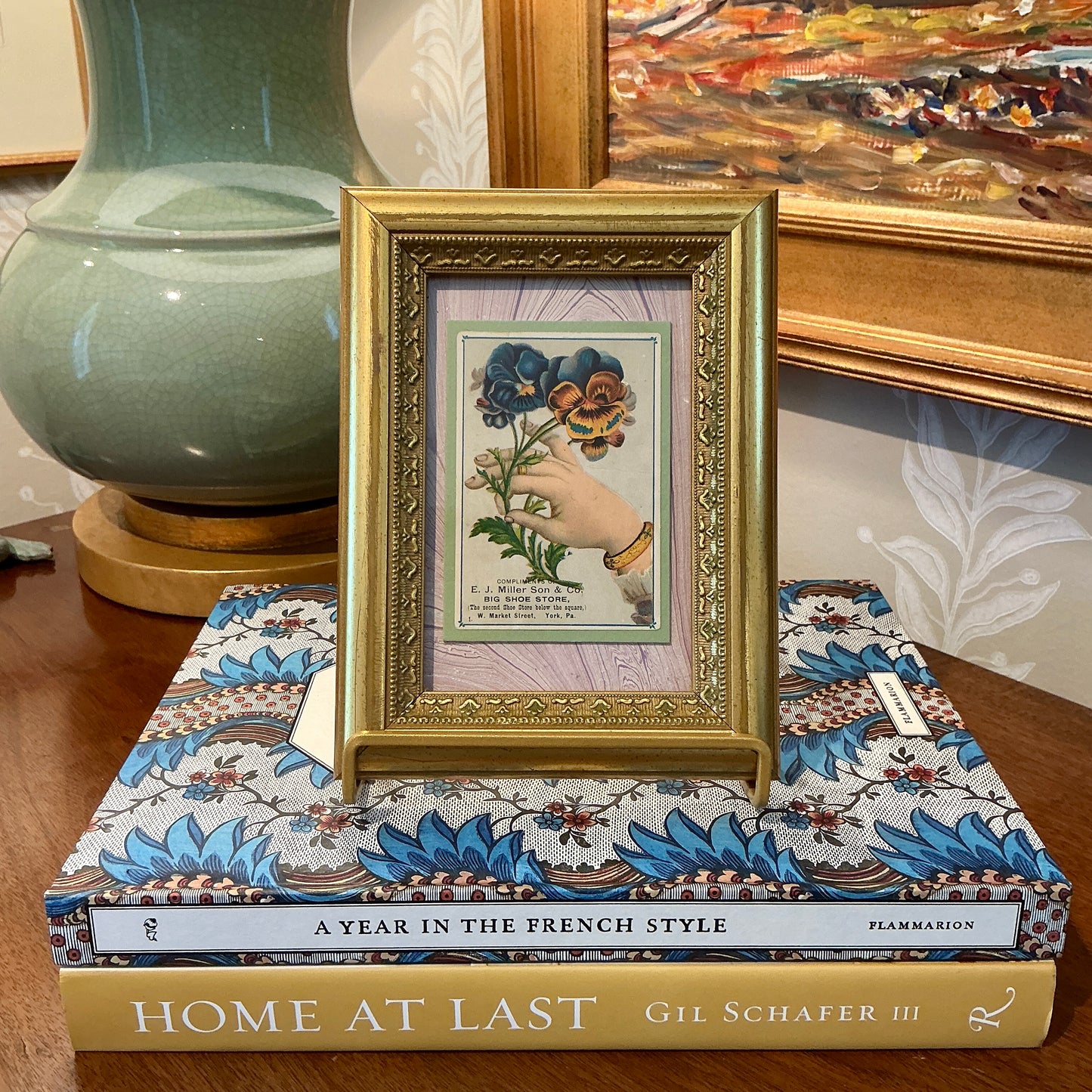 Late 19th Century E. J. Miller and Son Shoe Store Advertisement Card on Purple Hand Marbled Paper in Gold Frame