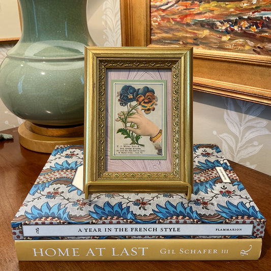Late 19th Century E. J. Miller and Son Shoe Store Advertisement Card on Purple Hand Marbled Paper in Gold Frame