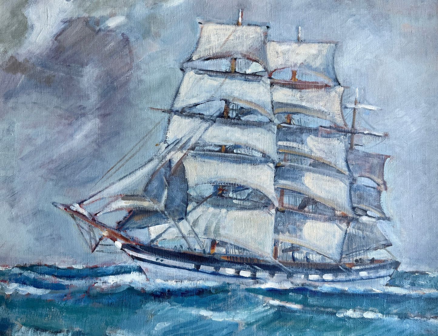 Ruth Wilcox Full Rigger Large American Clipper Ship Portrait Oil Painting in Gold Frame