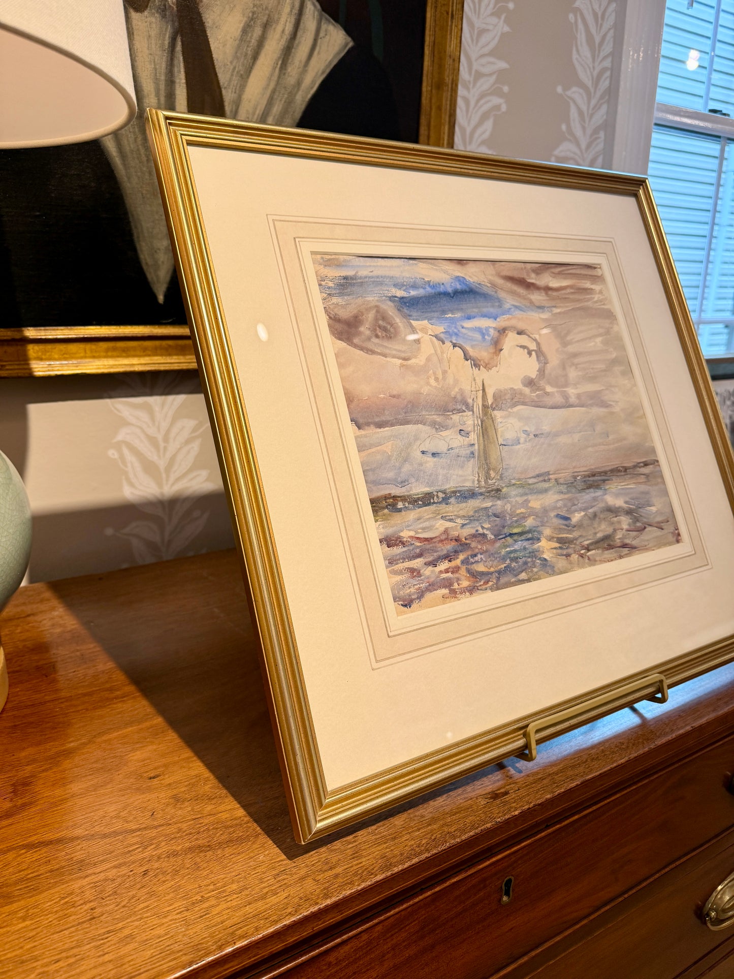 Robert Graham Dryden Alexander Slanting Sails Sailboat in Seascape Watercolor Painting in Gold Frame
