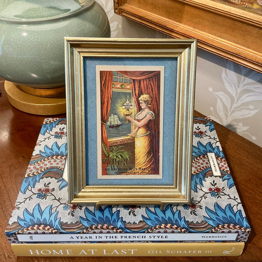 Antique American Wick Manufacturing Co. Ship Homecoming Advertisement on Light Blue Twill in Gold Frame