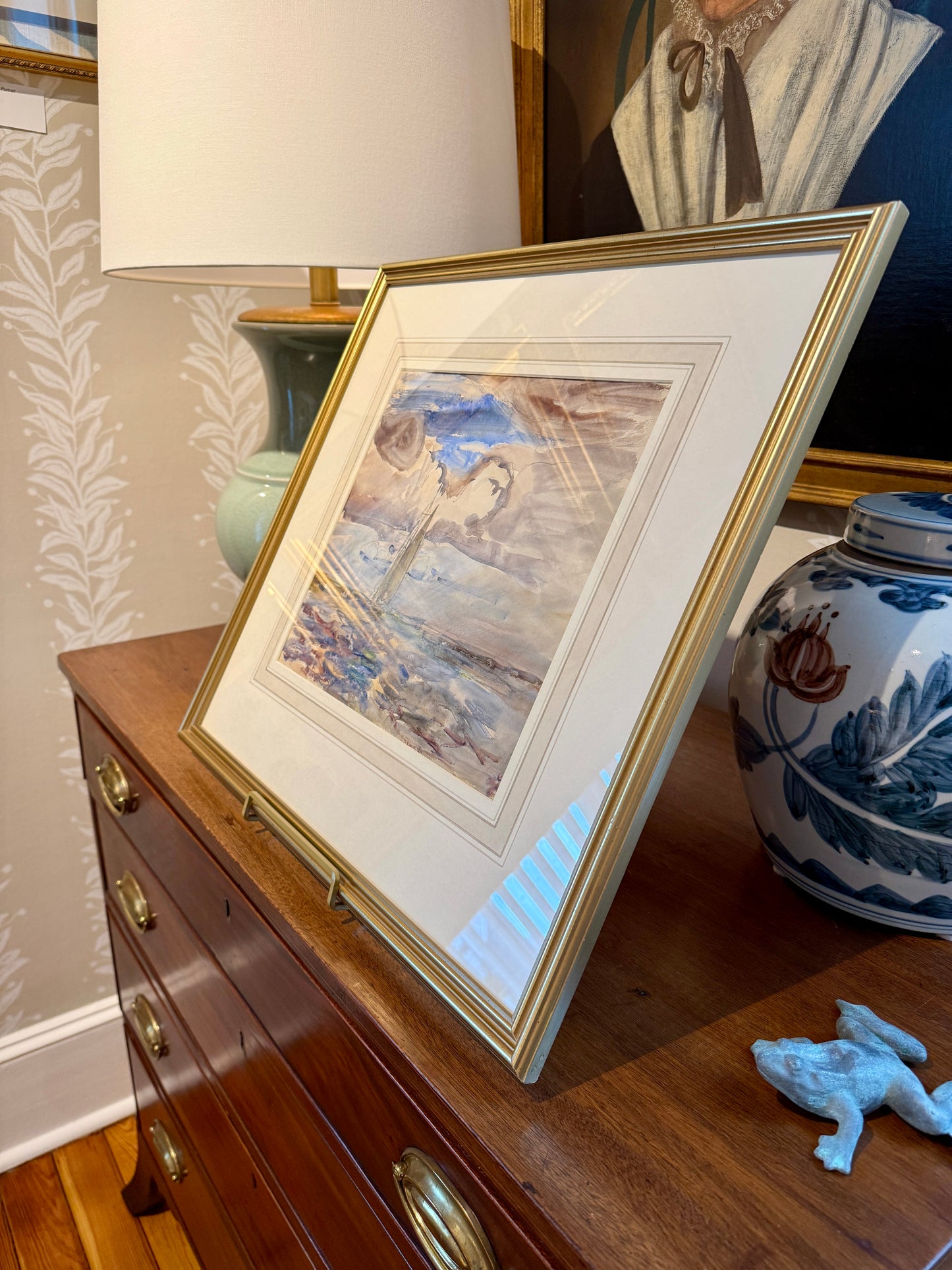 Robert Graham Dryden Alexander Slanting Sails Sailboat in Seascape Watercolor Painting in Gold Frame
