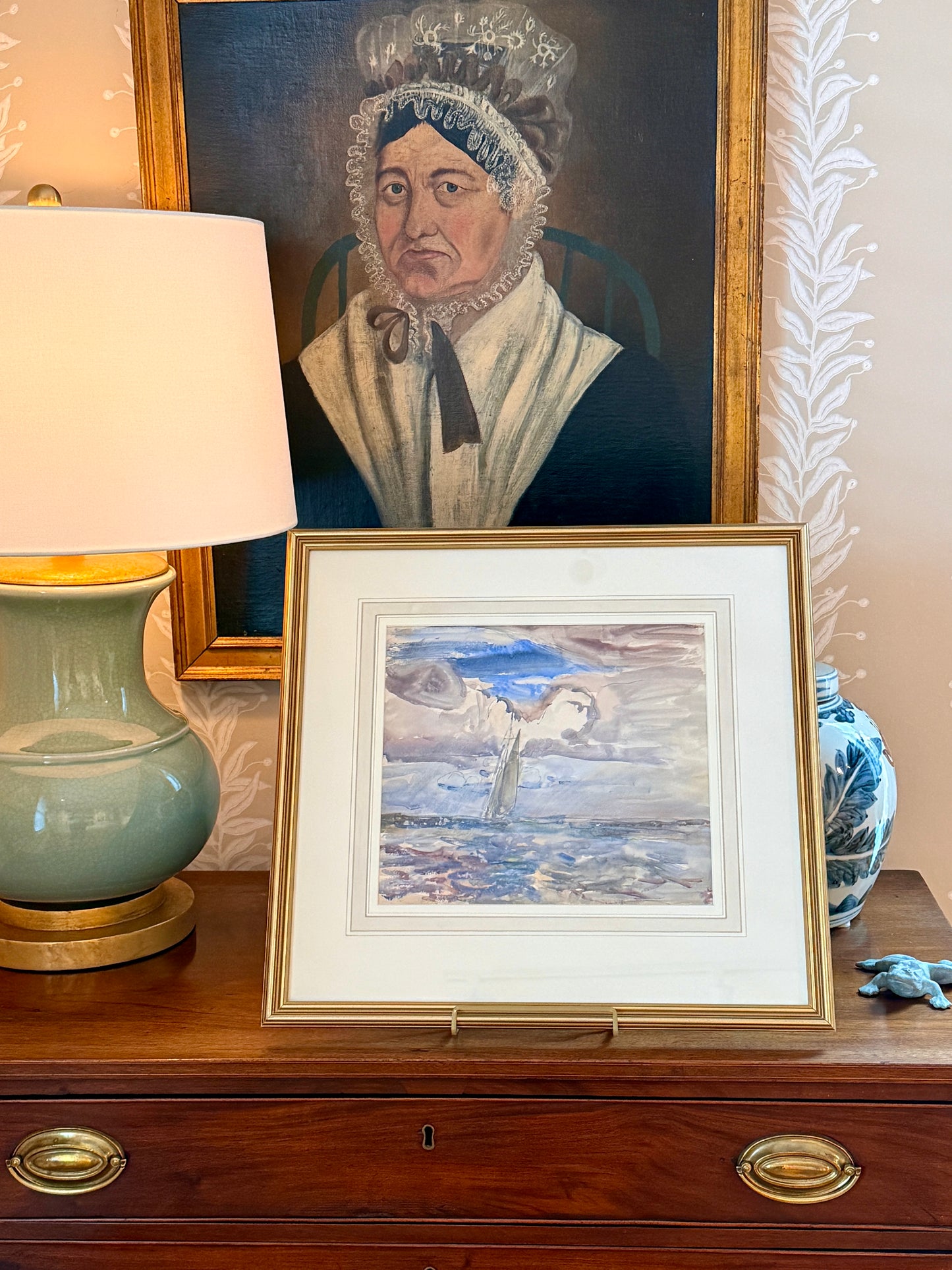 Robert Graham Dryden Alexander Slanting Sails Sailboat in Seascape Watercolor Painting in Gold Frame