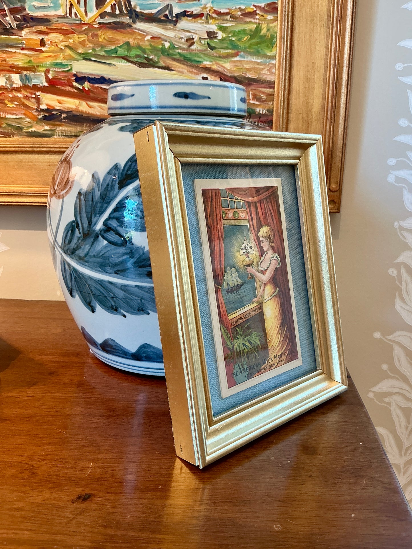 Antique American Wick Manufacturing Co. Ship Homecoming Advertisement on Light Blue Twill in Gold Frame