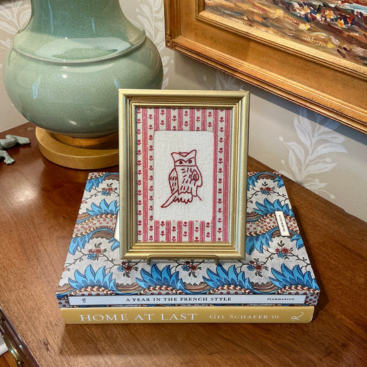 Antique Redwork Owl Embroidery on Pink Floral Brunschwig & Fils in Gold Frame