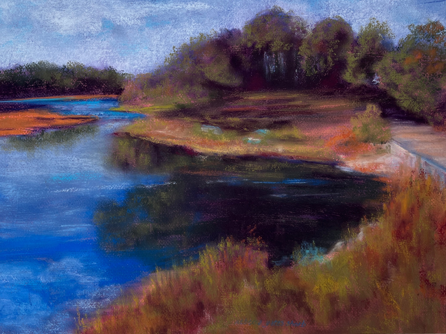 Rebecca Yates Shorb Pastel Marsh Landscape in Gold Rope Frame