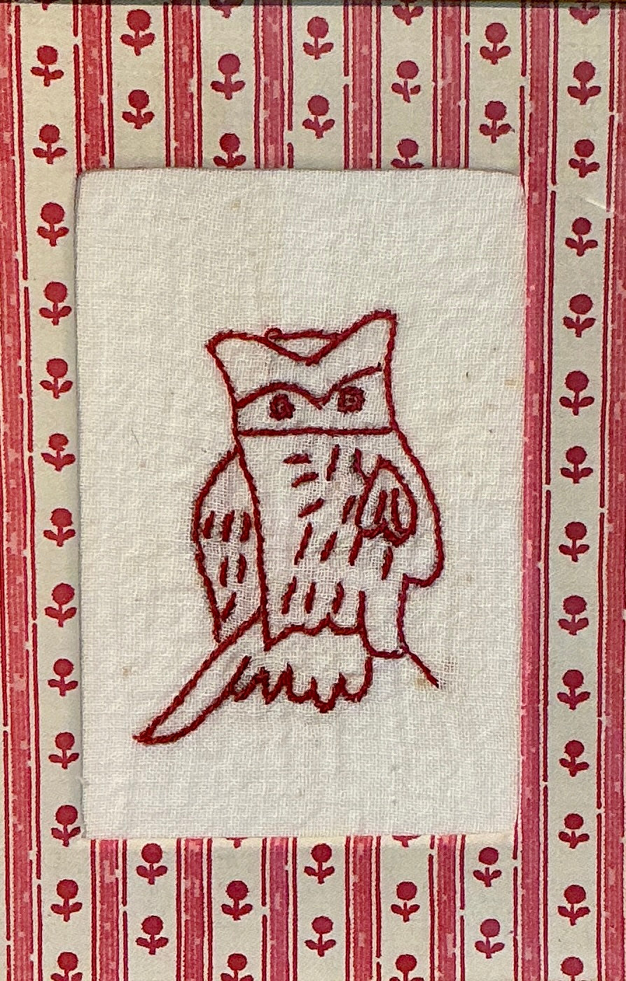 Antique Redwork Owl Embroidery on Pink Floral Brunschwig & Fils in Gold Frame