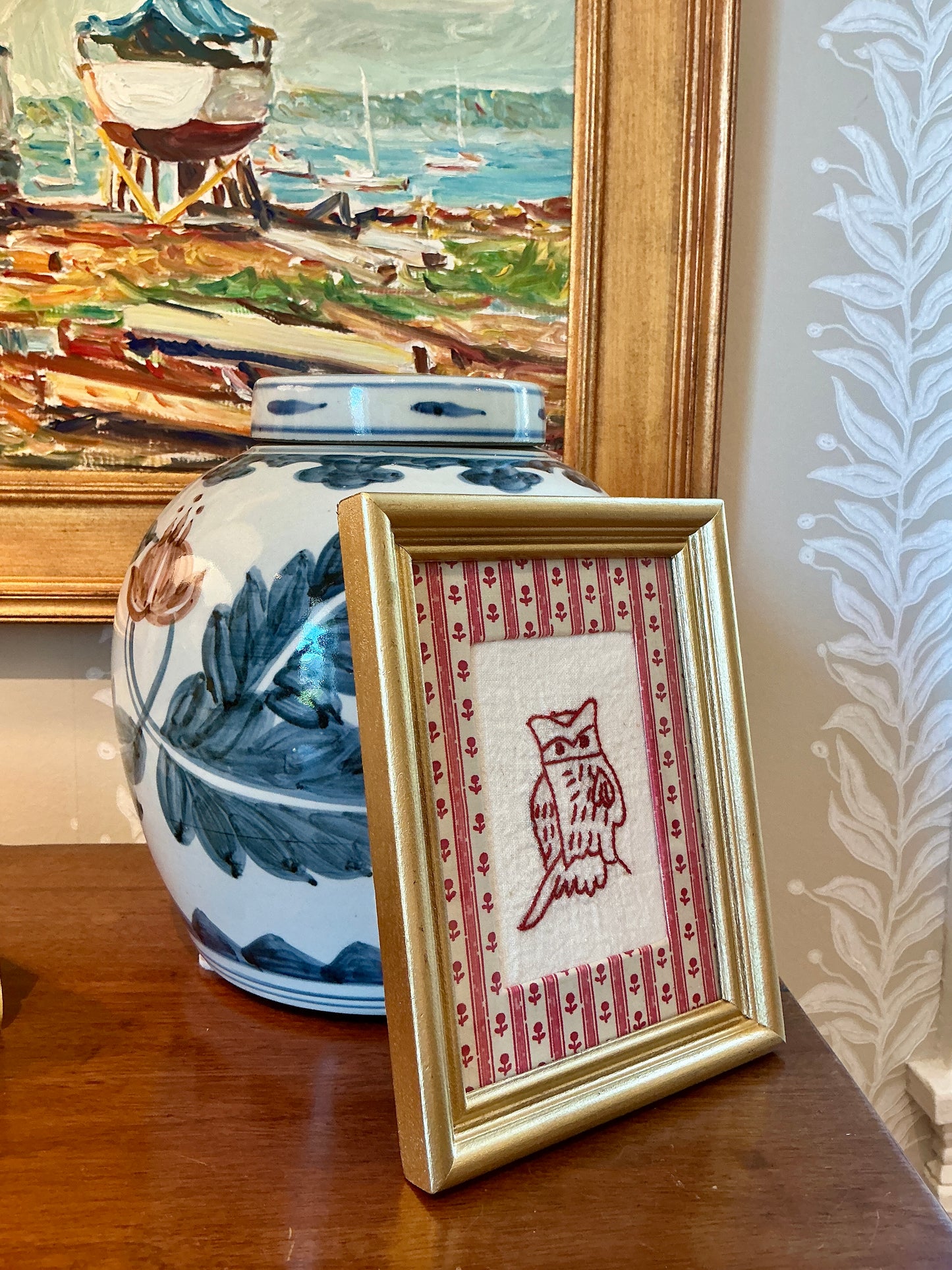 Antique Redwork Owl Embroidery on Pink Floral Brunschwig & Fils in Gold Frame
