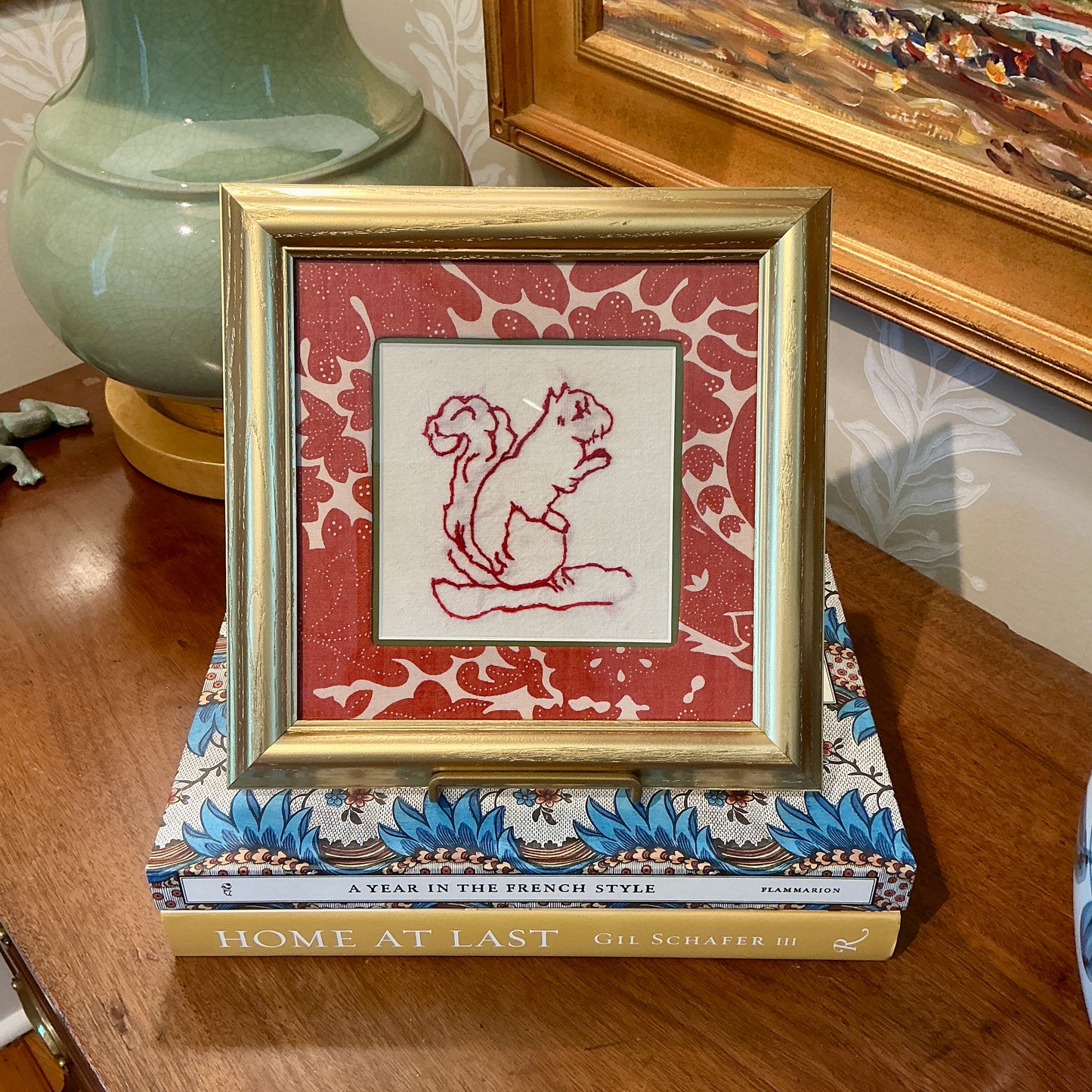Antique Redwork Squirrel Embroidery on Red Designer Botanical Fabric in Gold Frame