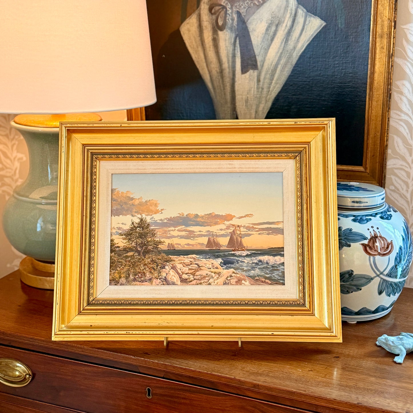 John Atwater Schooners Off Shipley Point Maine Seascape Oil Painting in Gold Frame