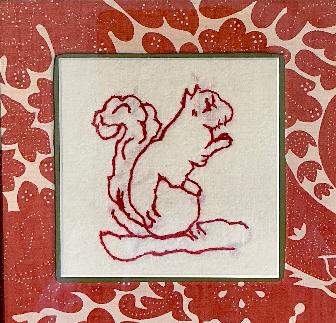 Antique Redwork Squirrel Embroidery on Red Designer Botanical Fabric in Gold Frame