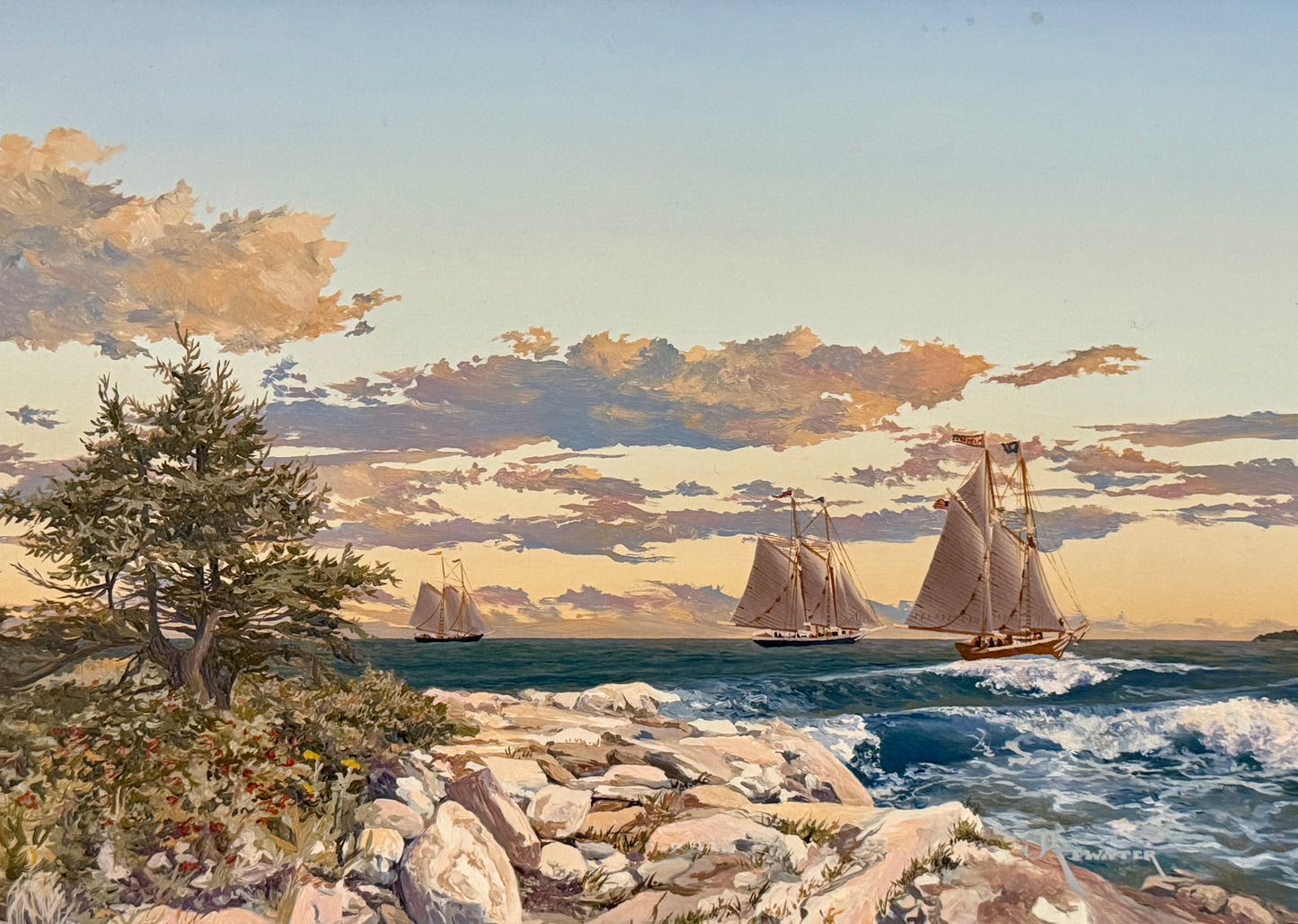 John Atwater Schooners Off Shipley Point Maine Seascape Oil Painting in Gold Frame