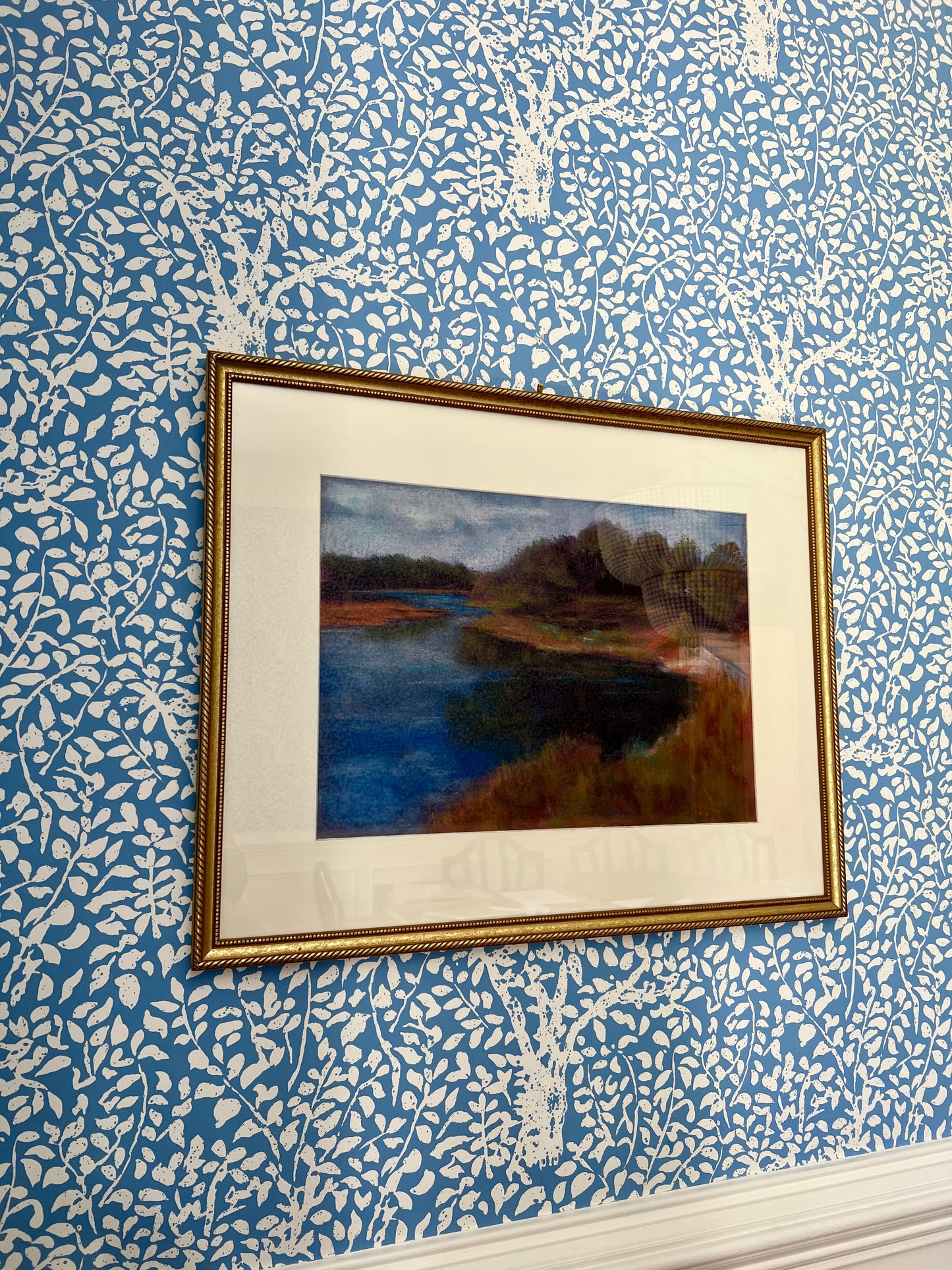 Rebecca Yates Shorb Pastel Marsh Landscape in Gold Rope Frame
